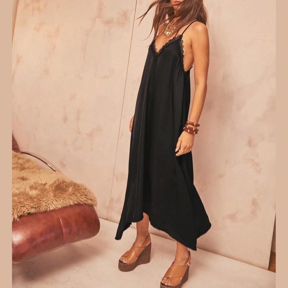 Black Satin Lace Trim Spaghetti Strap Handkerchief Hem Maxi Dress